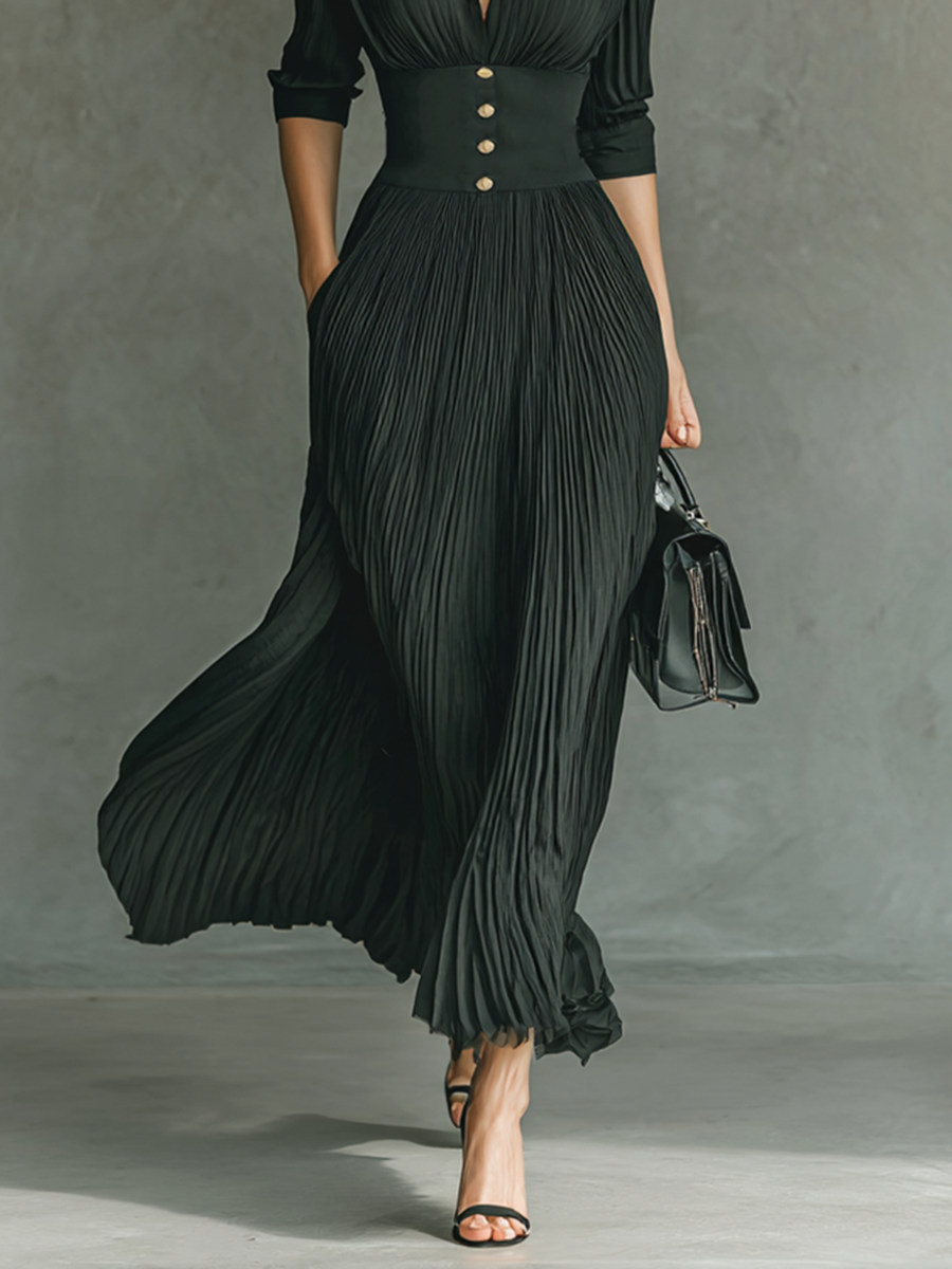 ISABEL | Vestido largo de manga larga con cuello de solapa y plisados