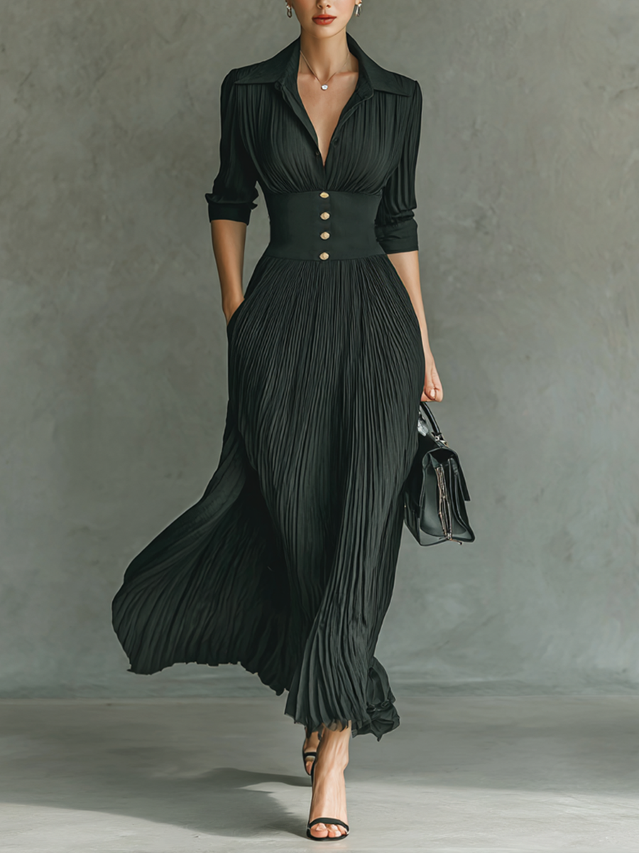 ISABEL | Vestido largo de manga larga con cuello de solapa y plisados