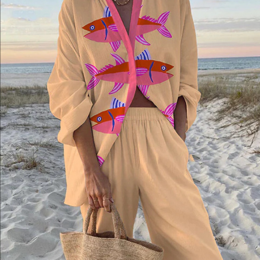 EVA | Conjunto de lino con estampado artístico marino