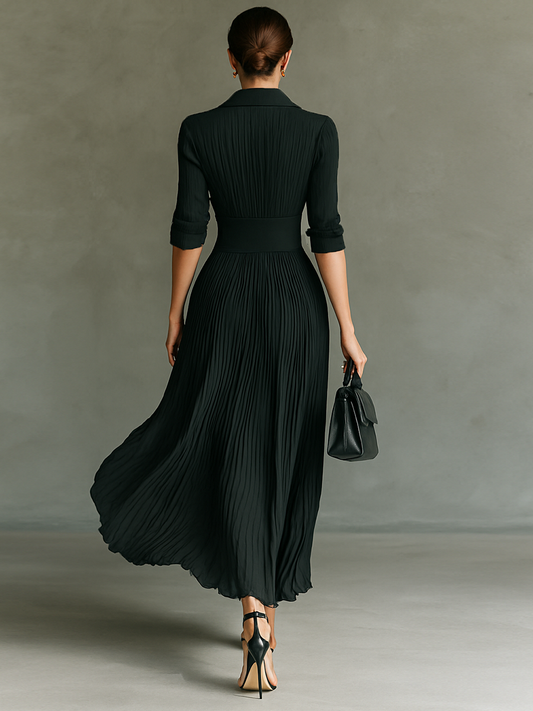 ISABEL | Vestido largo de manga larga con cuello de solapa y plisados