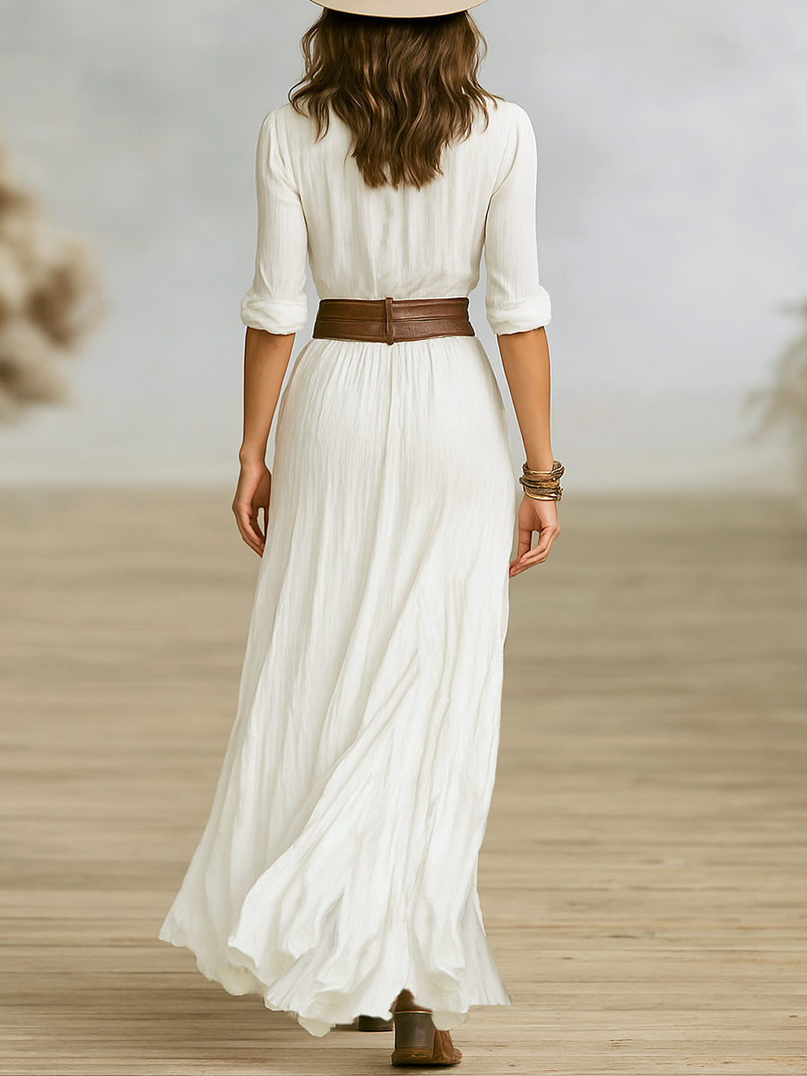 LIDIA | Vestido maxi largo de algodón y lino con cuello de solapa