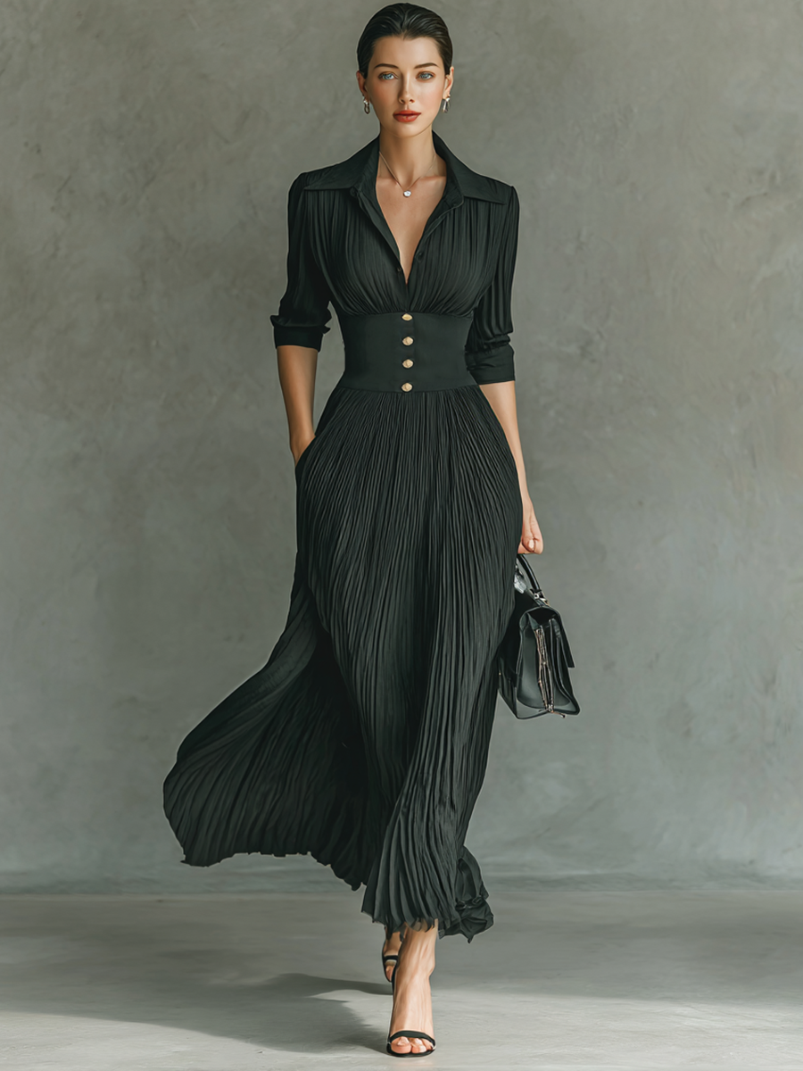 ISABEL | Vestido largo de manga larga con cuello de solapa y plisados